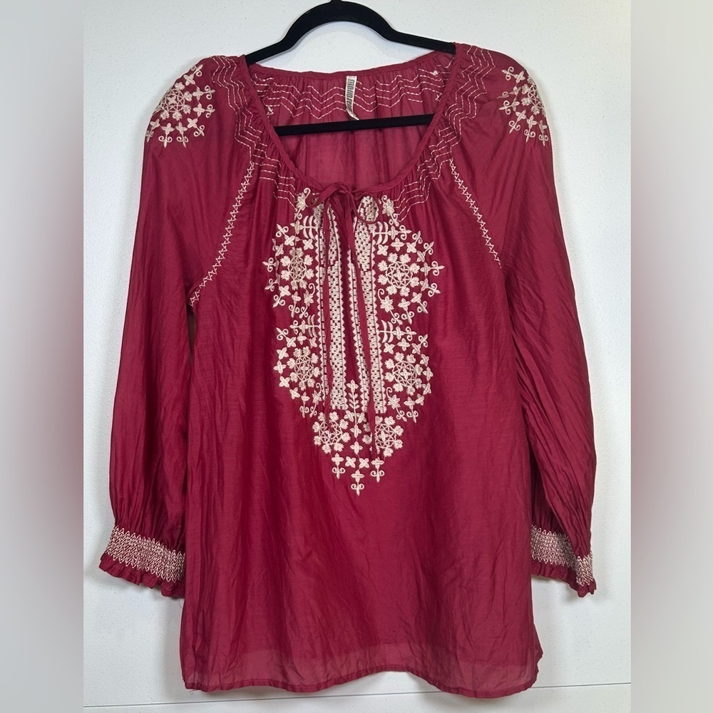 Monoreno Burgundy Embellished Peasant Blouse. 30% Silk. Size S. Fairycore.